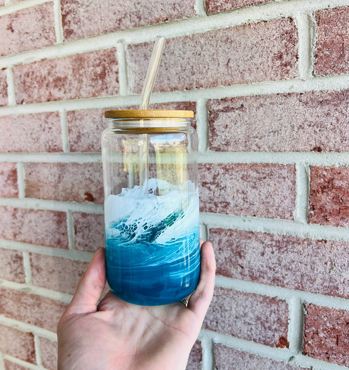 Make Waves | Resin Drinking Glass w/ Bamboo Lid & Glass Straw | Epoxy | 16 oz Can Shaped Glass