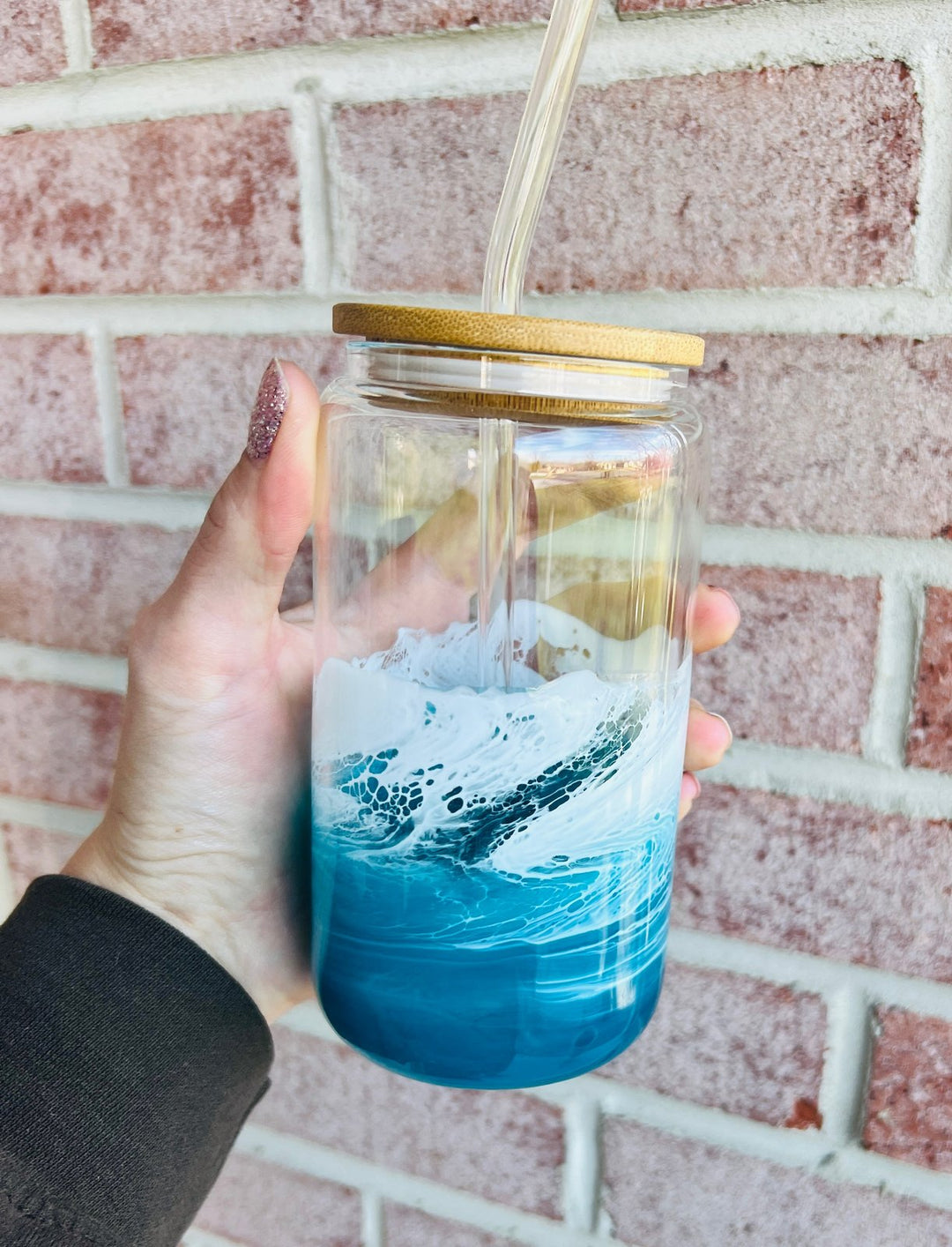 Make Waves | Resin Drinking Glass w/ Bamboo Lid & Glass Straw | Epoxy | 16 oz Can Shaped Glass